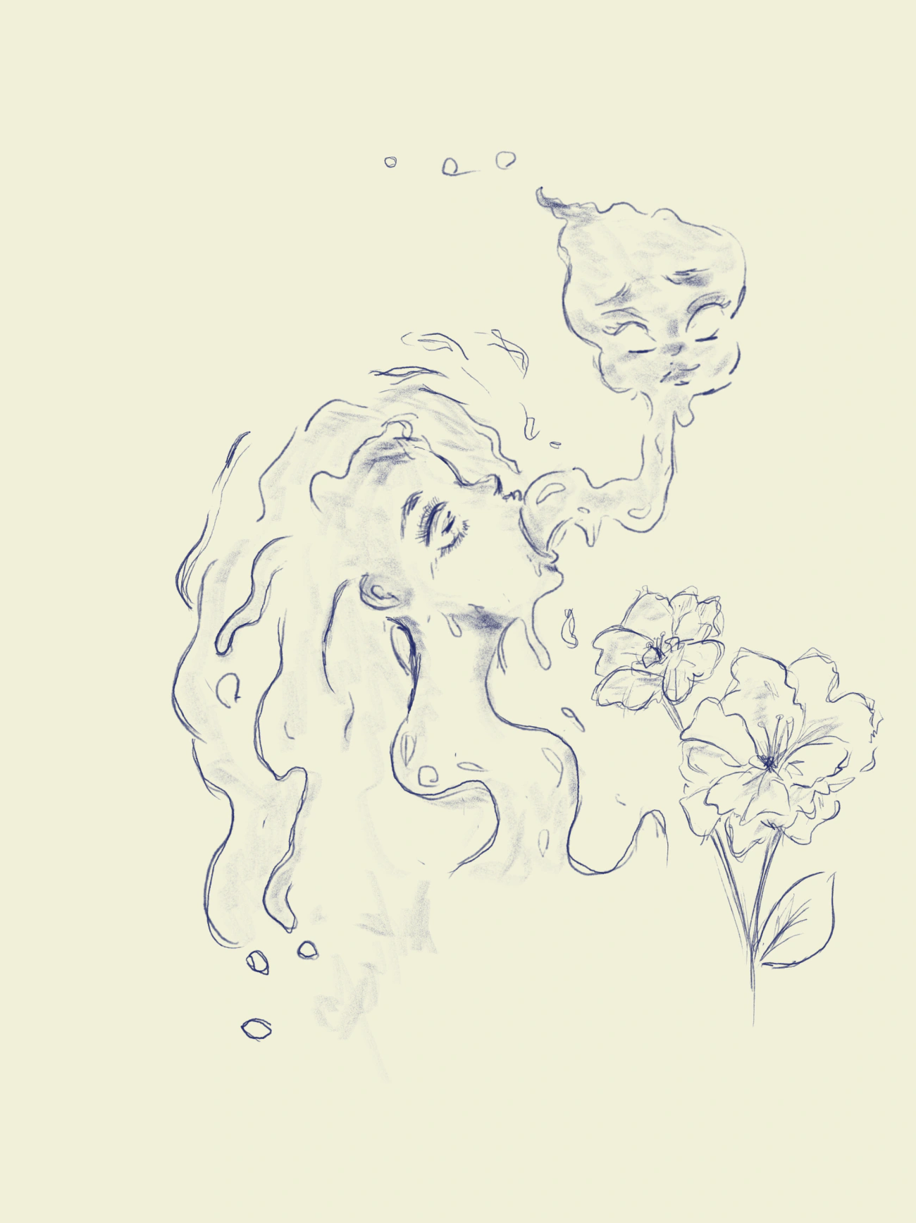 淡い背景に青い線で描かれた、横顔から浮かぶ顔と花