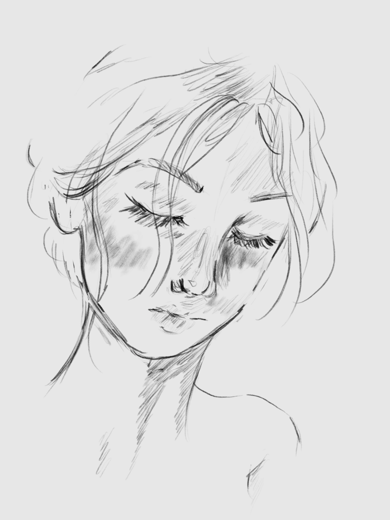 目を閉じてうつむく人物を描いたモノクロの線画